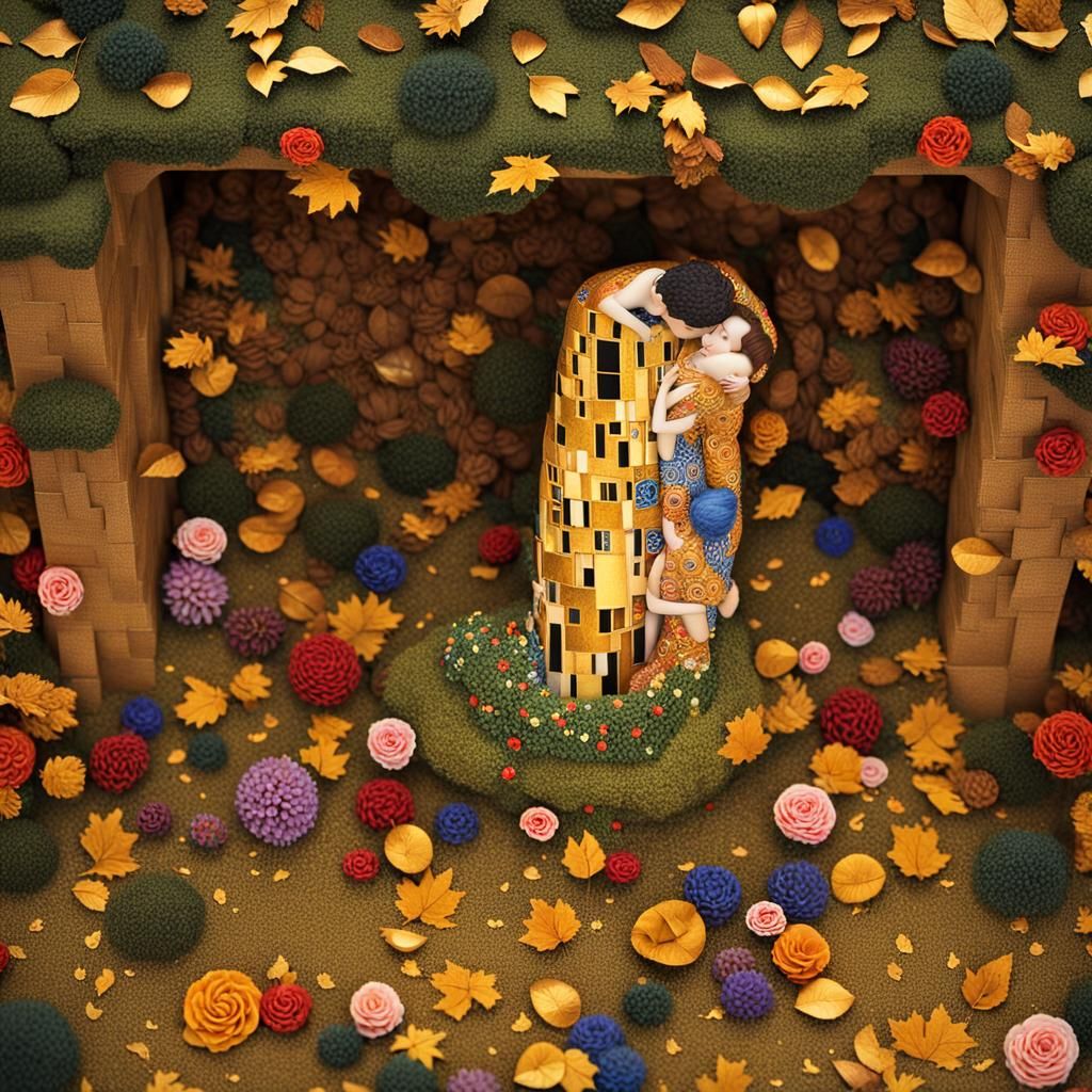 Klimt's The Kiss: 3D Diorama with Golden Accents