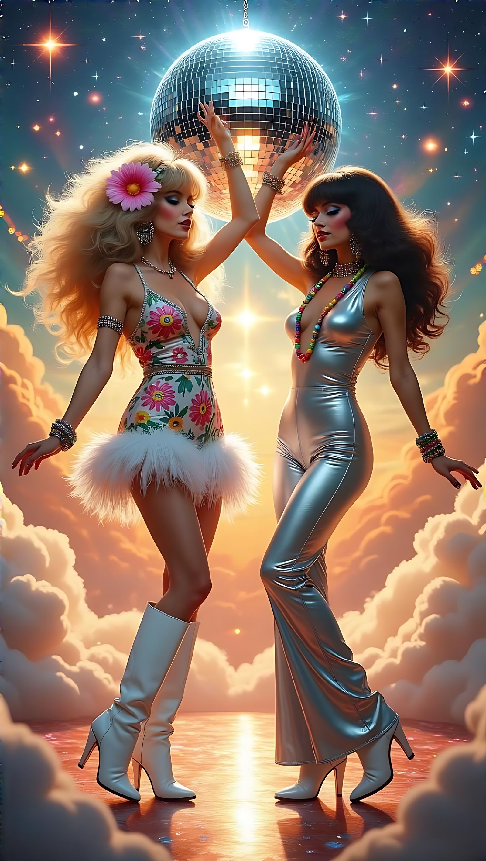 Celestial Disco Goddesses Dancing Under Disco Ball