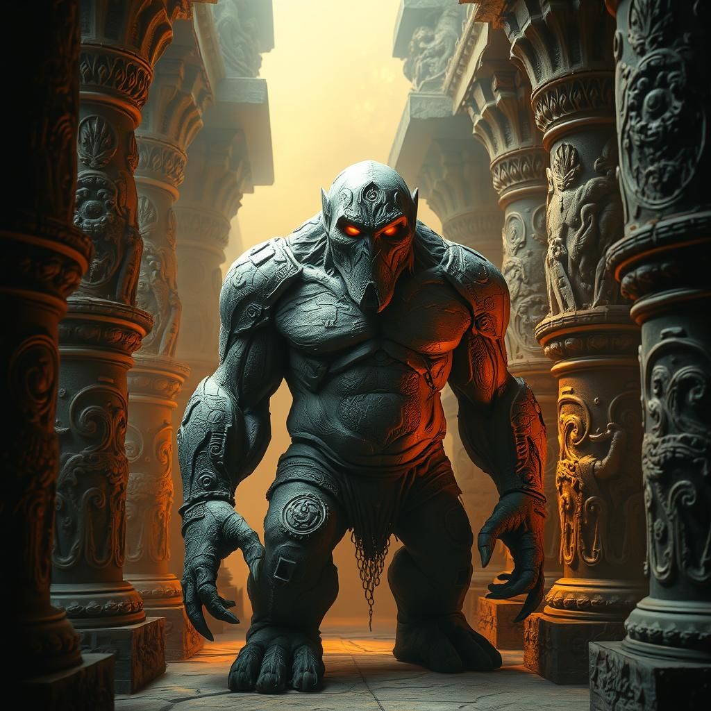 Earthy Golem Amidst Ancient Pillars