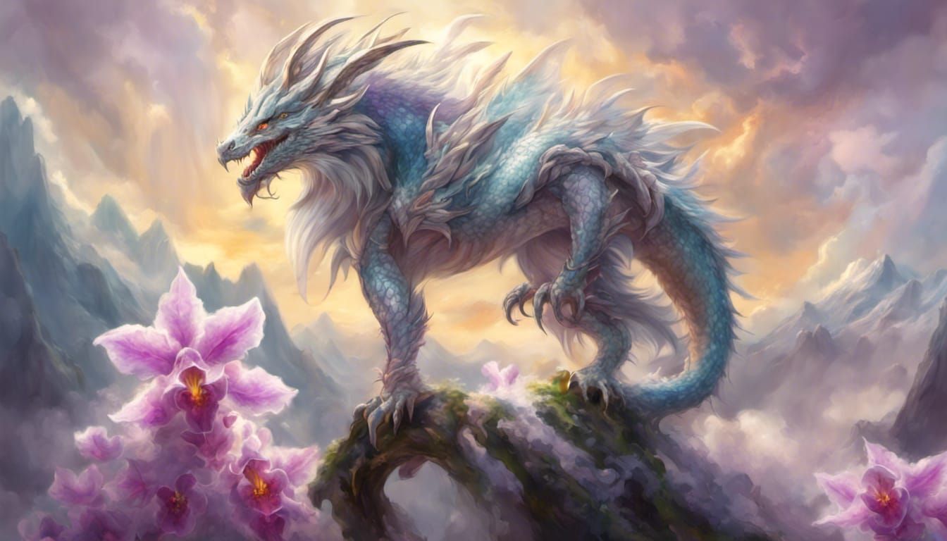 Furry Dragon in Flower Mountains with Divine Light
