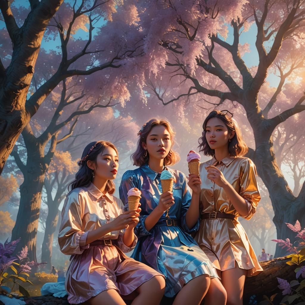 Girls Enjoying Ice Cream in Dreamy Art Nouveau Scenery