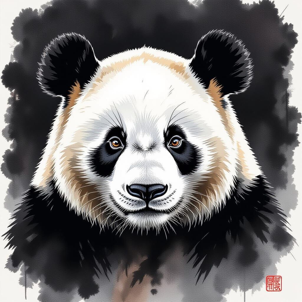 Detailed Panda Portrait in Sumi-e Ink Style