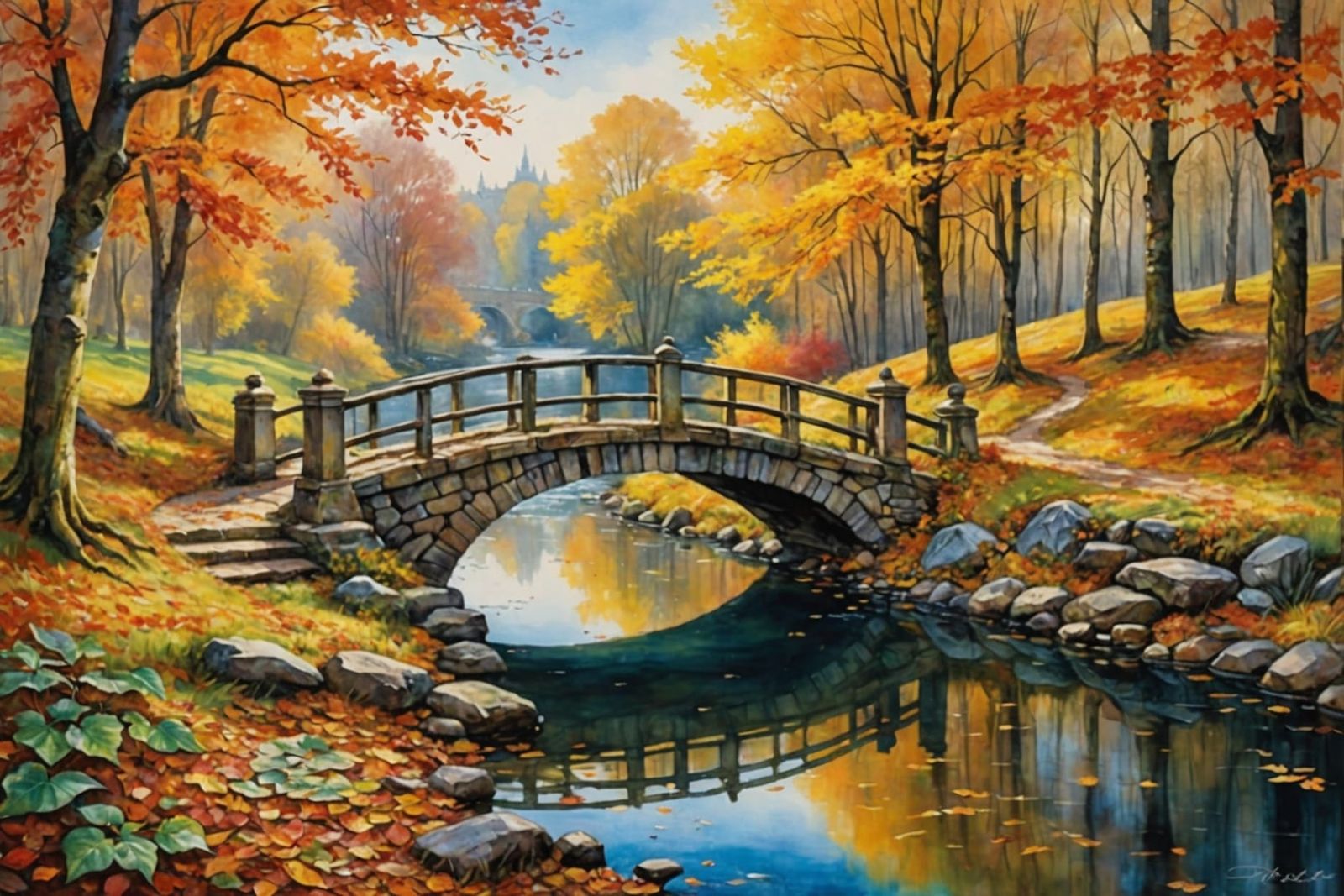 Autumnal Landscape with Bridge in Watercolor Style