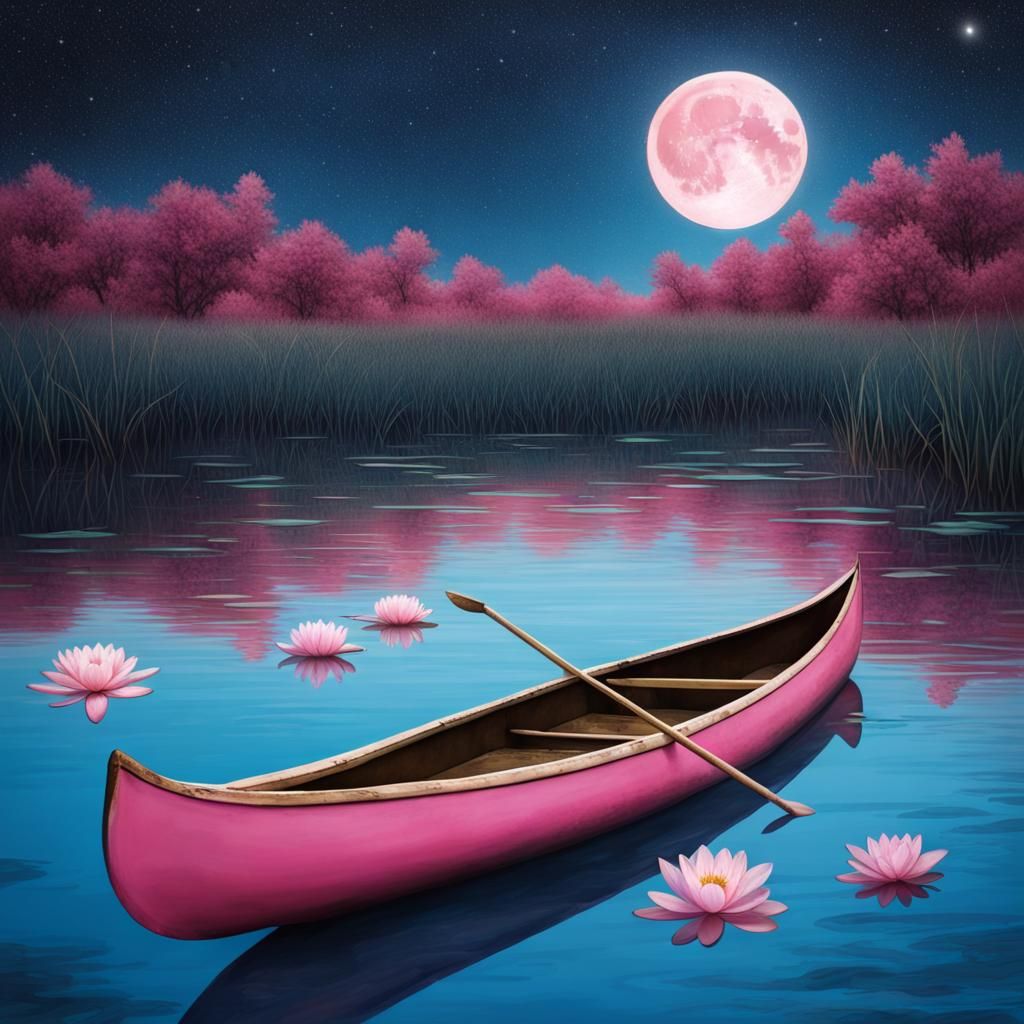 Canoe on Lagoon Under Moonlight with Lilies