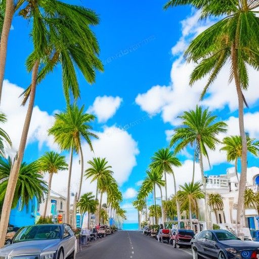 Colorful Palm Tree Street Leading to Ocean