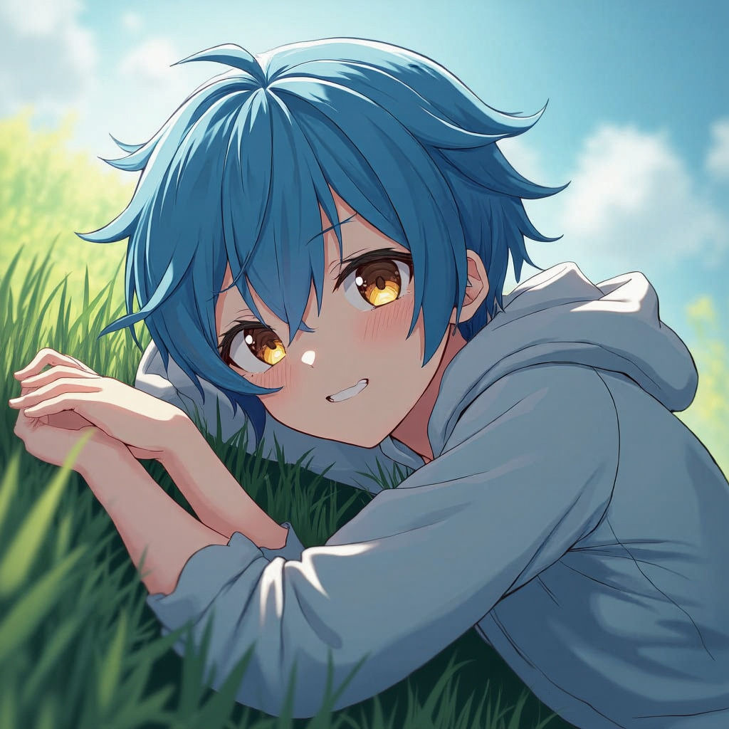 Anime Character Relaxing on Hill in 3D Style