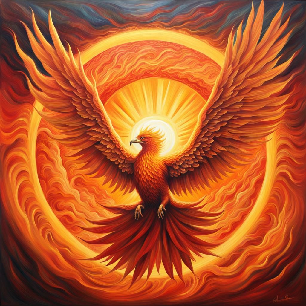 Phoenix Rising: Warm Oil Painting of Sun Bird