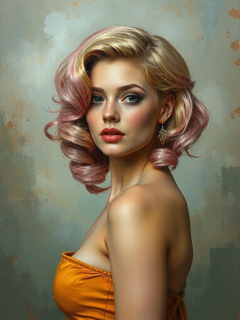 Pin-Up Woman with Pink Hair in Art Nouveau Style