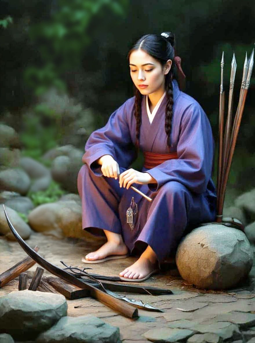 Korean Huntress by Firelight, Sharpening Arrows