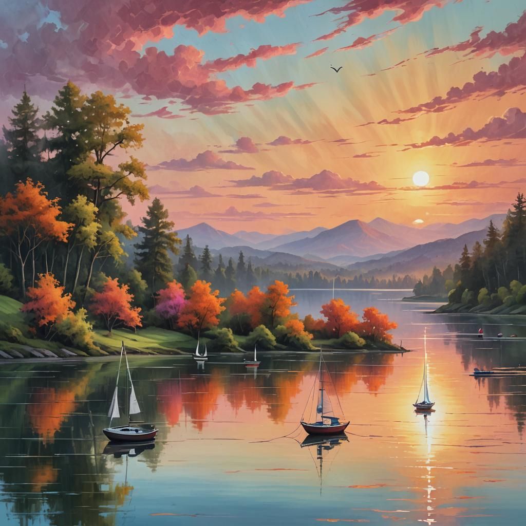 Sunset Lake: A Fantastical Landscape Painting