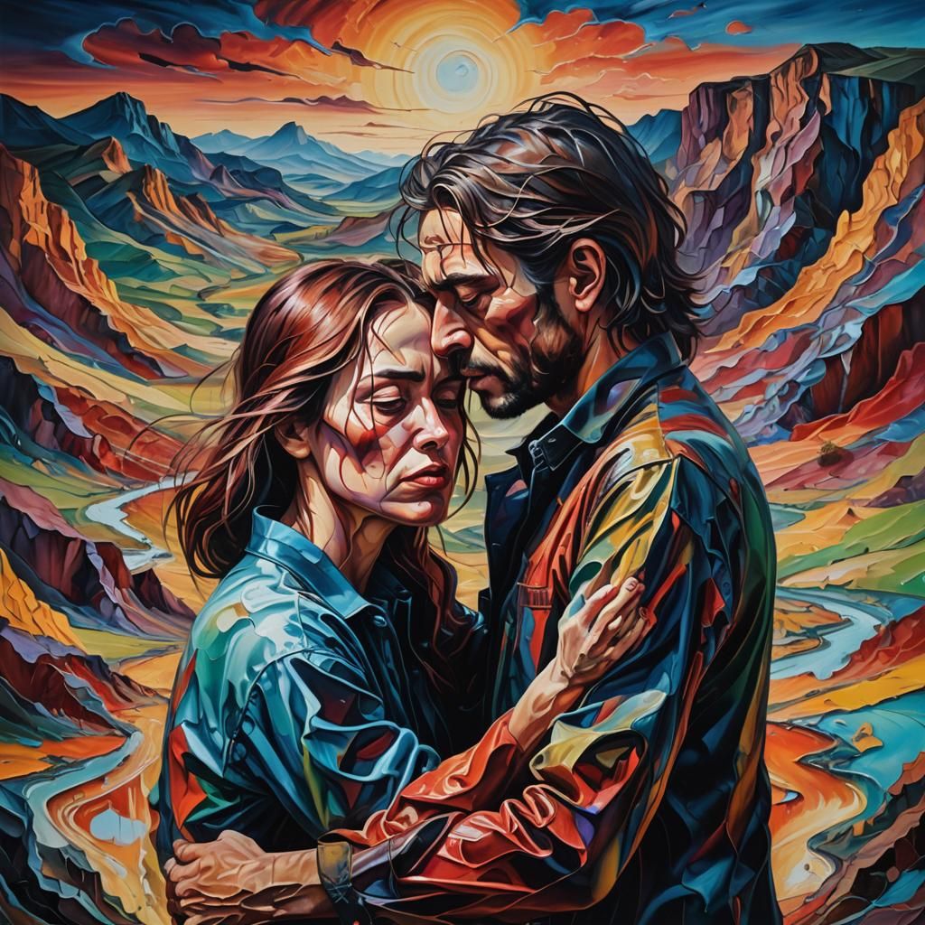 Surrealist Couple's Embrace in Dreamlike Landscape