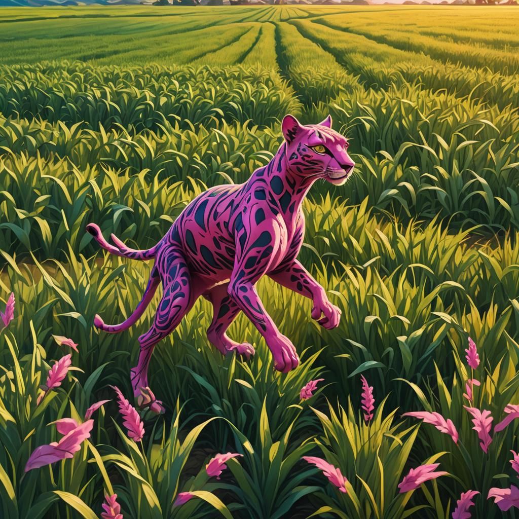 Pink Panther Walks Through Green Fields: Surreal Art