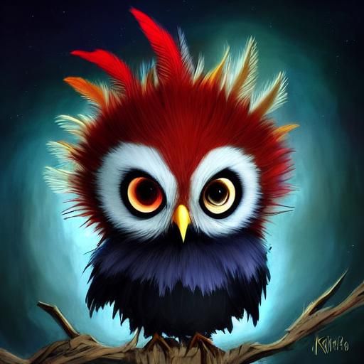 Gothic Punk Baby Bird in Whimsical Fairytale Scene