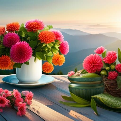 Hyper-Realistic Tea Set with Overflowing Flowers