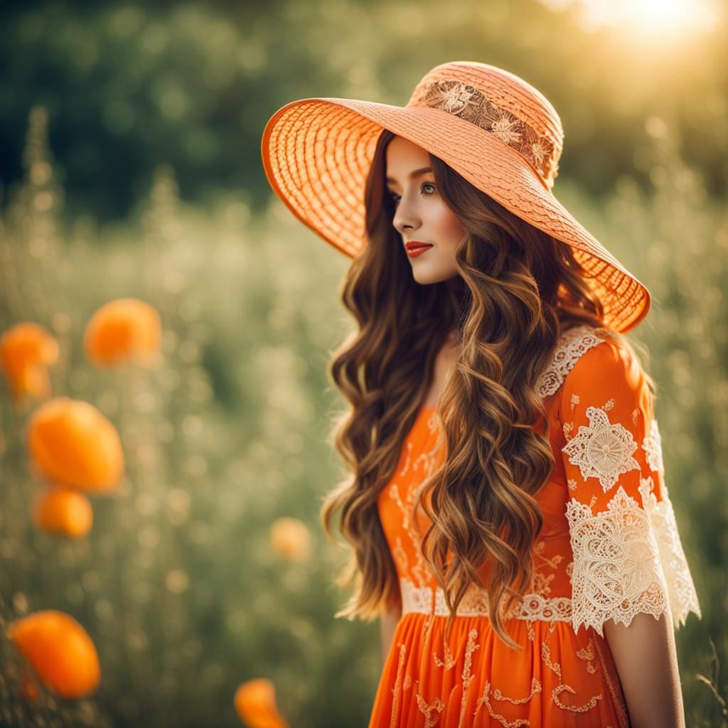Woman in Orange Dress with Sunhat: Encaustic Style