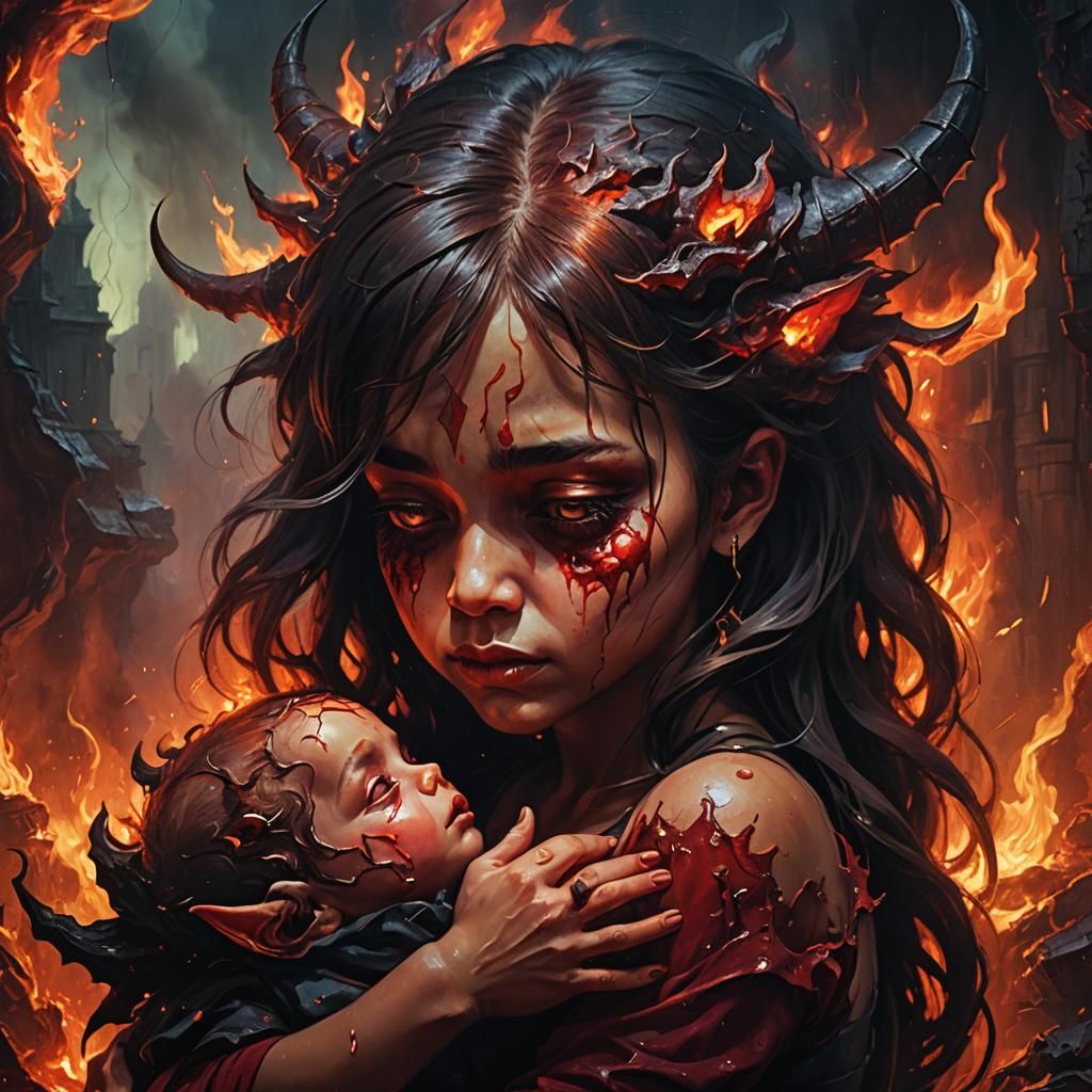 Girl Cuddles Demon Baby: Dark Fantasy Oil Painting