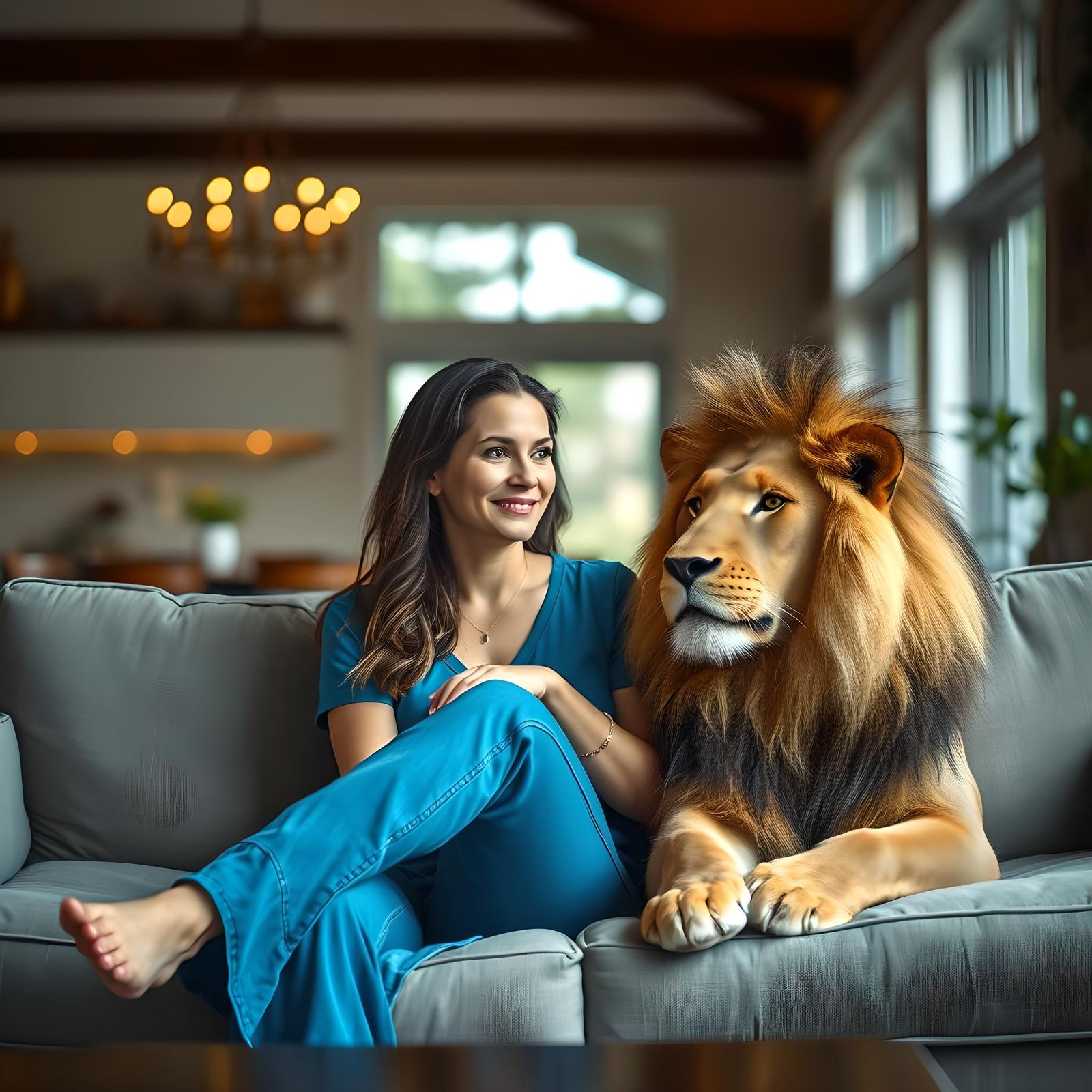 Woman and Lion in Mid-Century Home, Photography