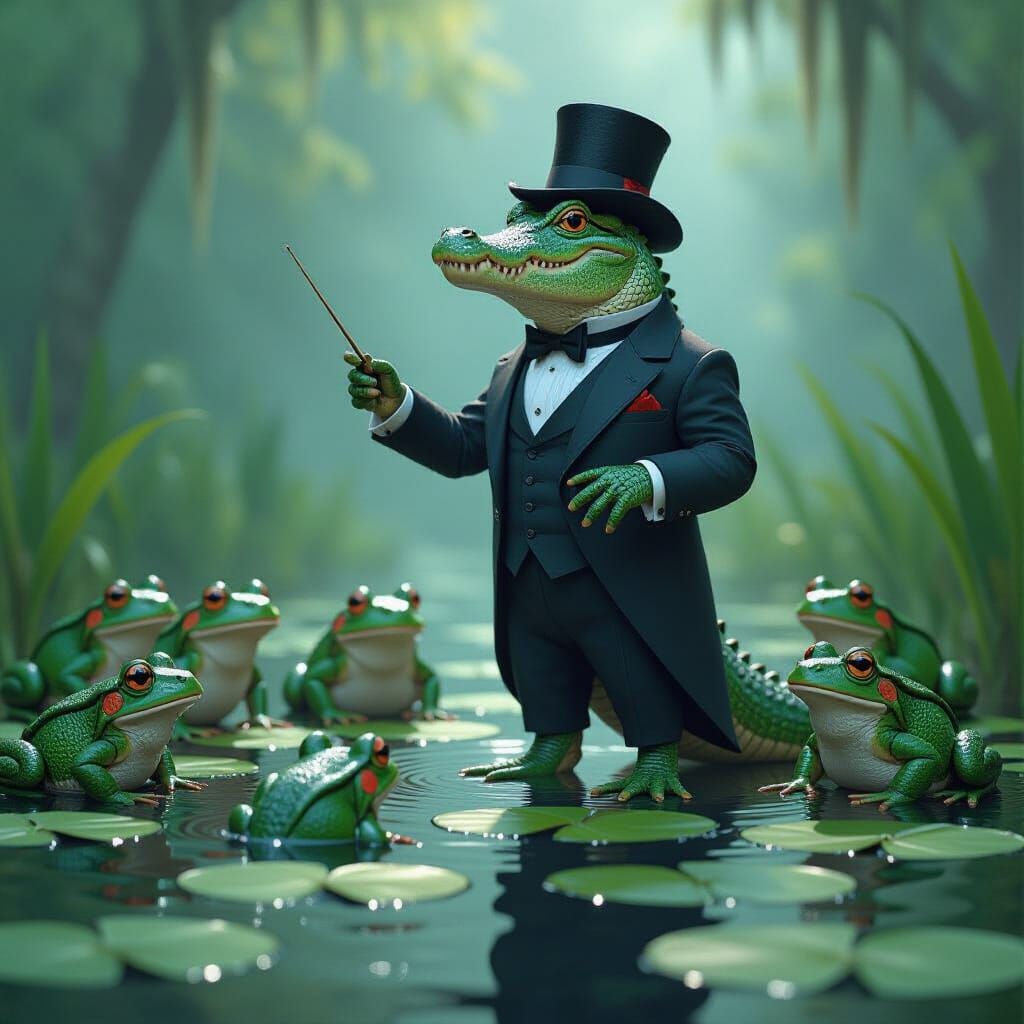 Alligator Conductor Directs Frog Choir in Swamp