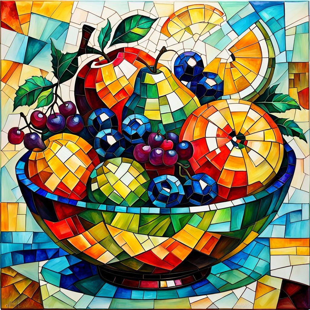 Cubist Mosaic Fruit Bowl in Alcohol Ink Style
