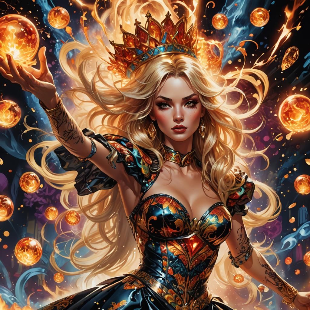 Blonde Woman Juggling Fireballs: Vivid Digital Art