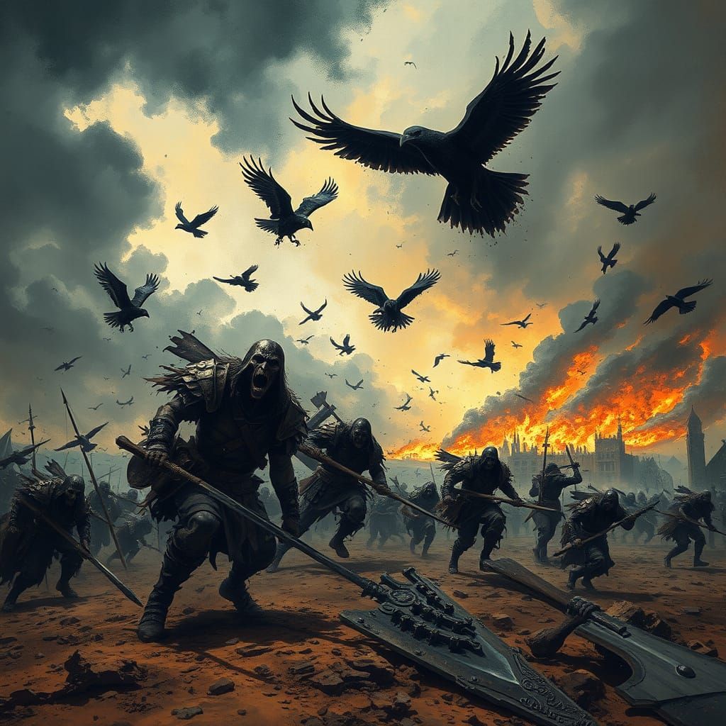 The nightmare of eternity
marches right before your eyes
As the ground begins to shake
ravens fly amongst the sky
Battle...