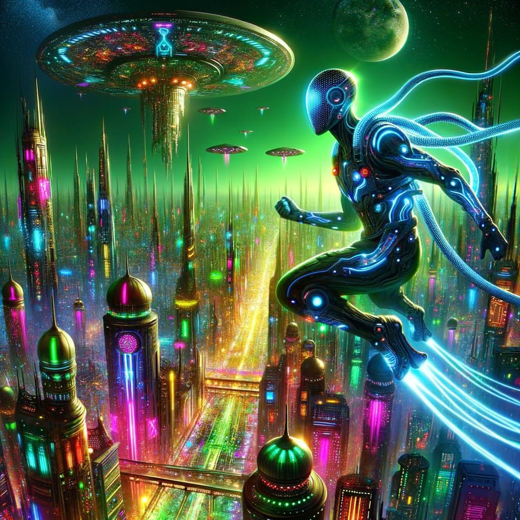 Dazzling Futuristic Cityscape with Humanoid Snake in Flight