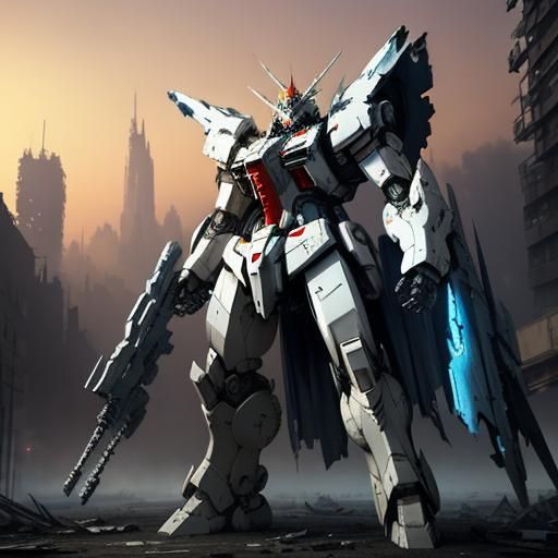 Colossal White Gundam in Ruined Cityscape