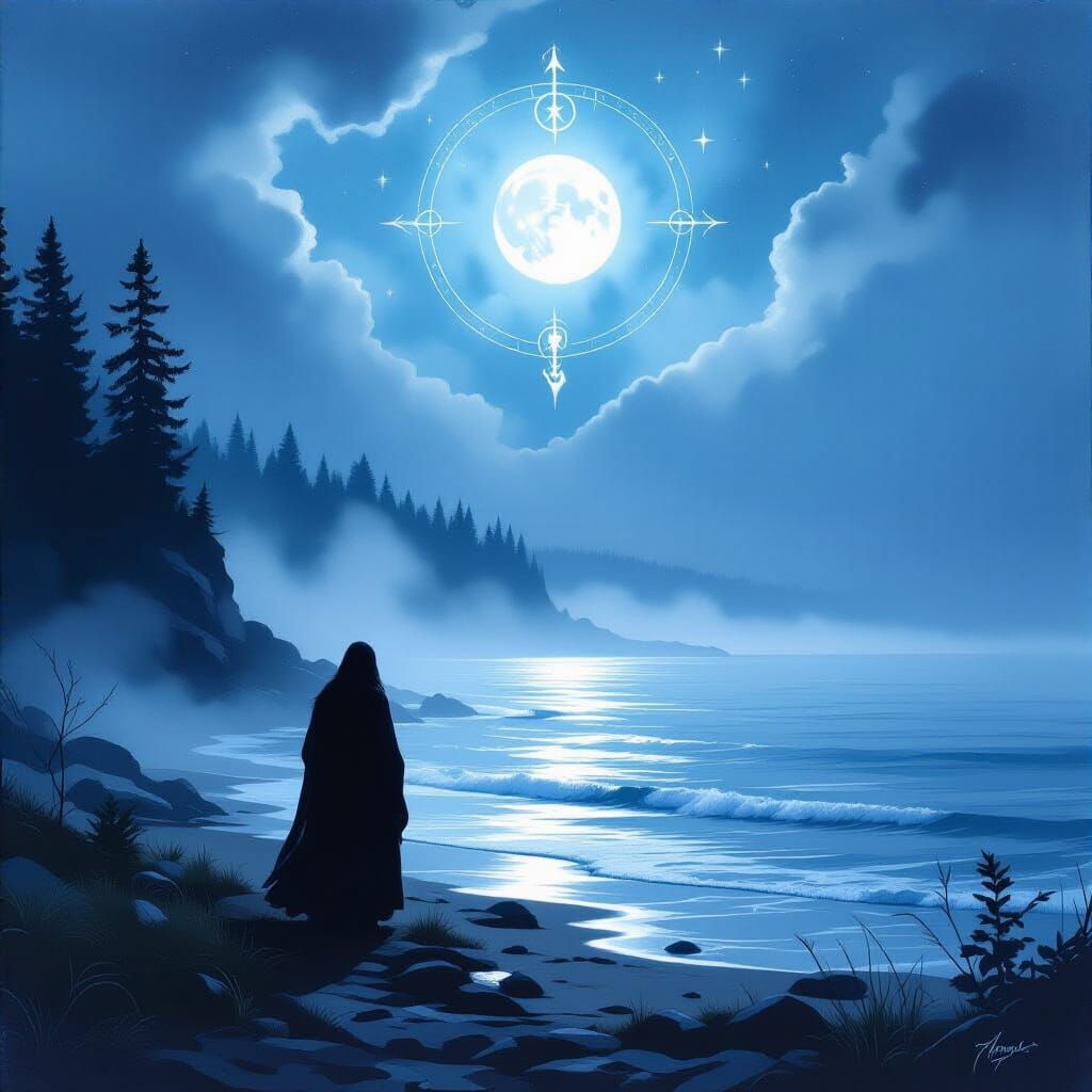 Mystical Shoreline Figure in Ethereal Landscape