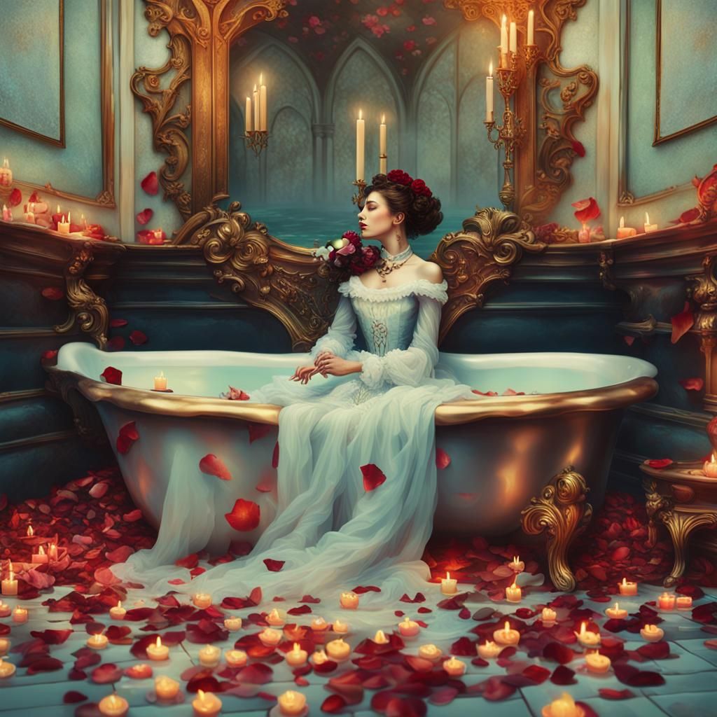 Gothic Victorian Woman in Rose Petal Bath