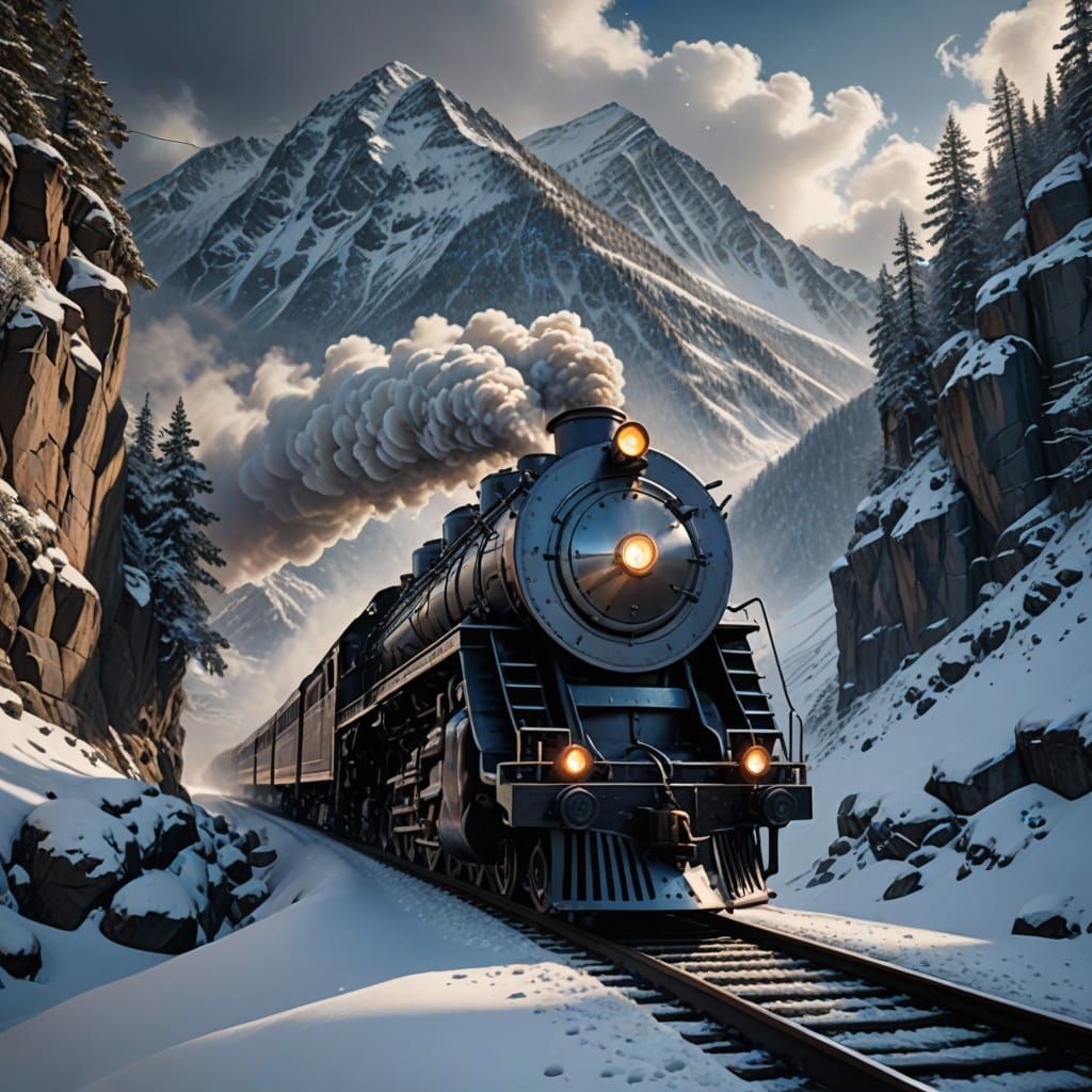 Silver Locomotive in Snowy Mountain Pass, Digital Art