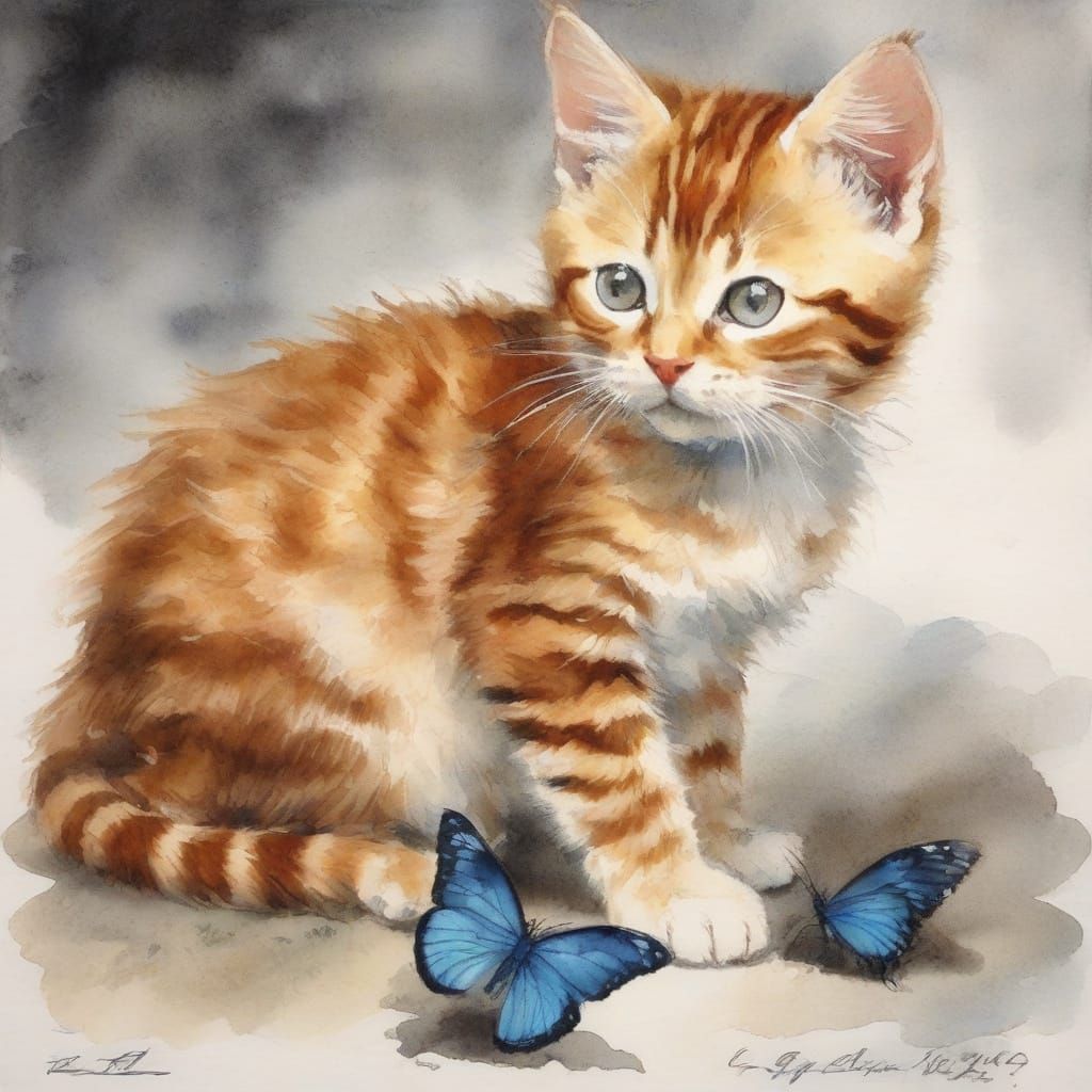 Kitten and butterflies, watercolor
