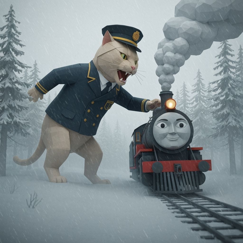Giant Cat Conductor Attacks Train in Foggy Winter Forest