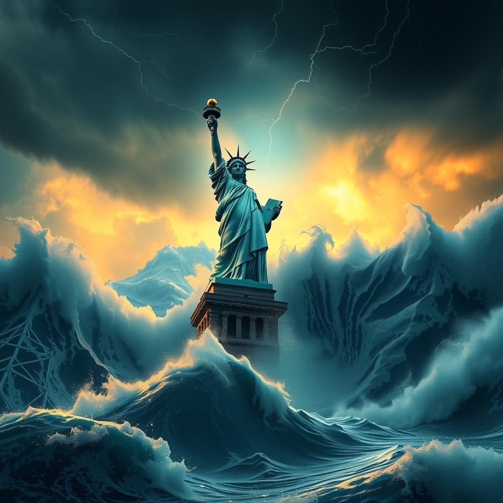 Statue of Liberty Sinking in Stormy Sea