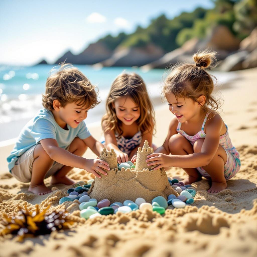 Kids Building Sand Castle on Sunny Beach with Sea Glass