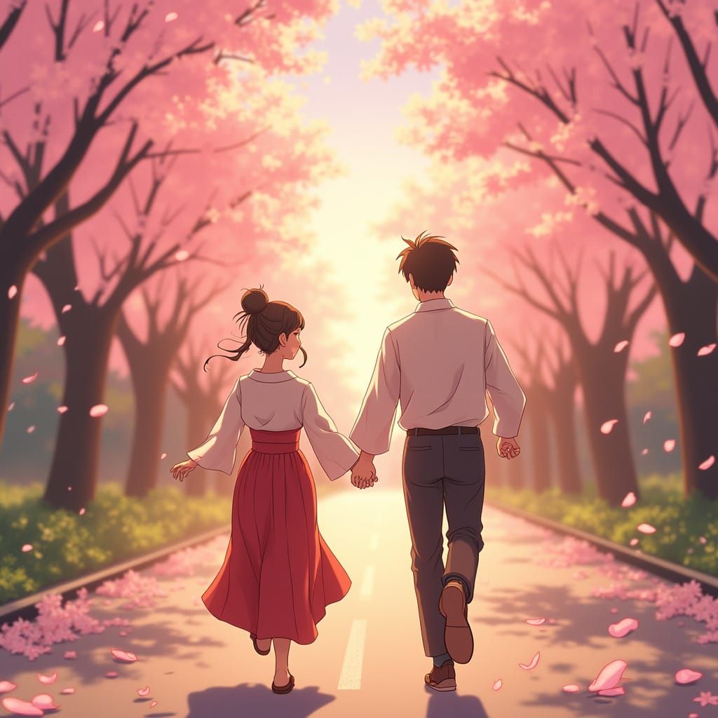 Couple's Serene Cherry Blossom Run in Traditional Japanese A...