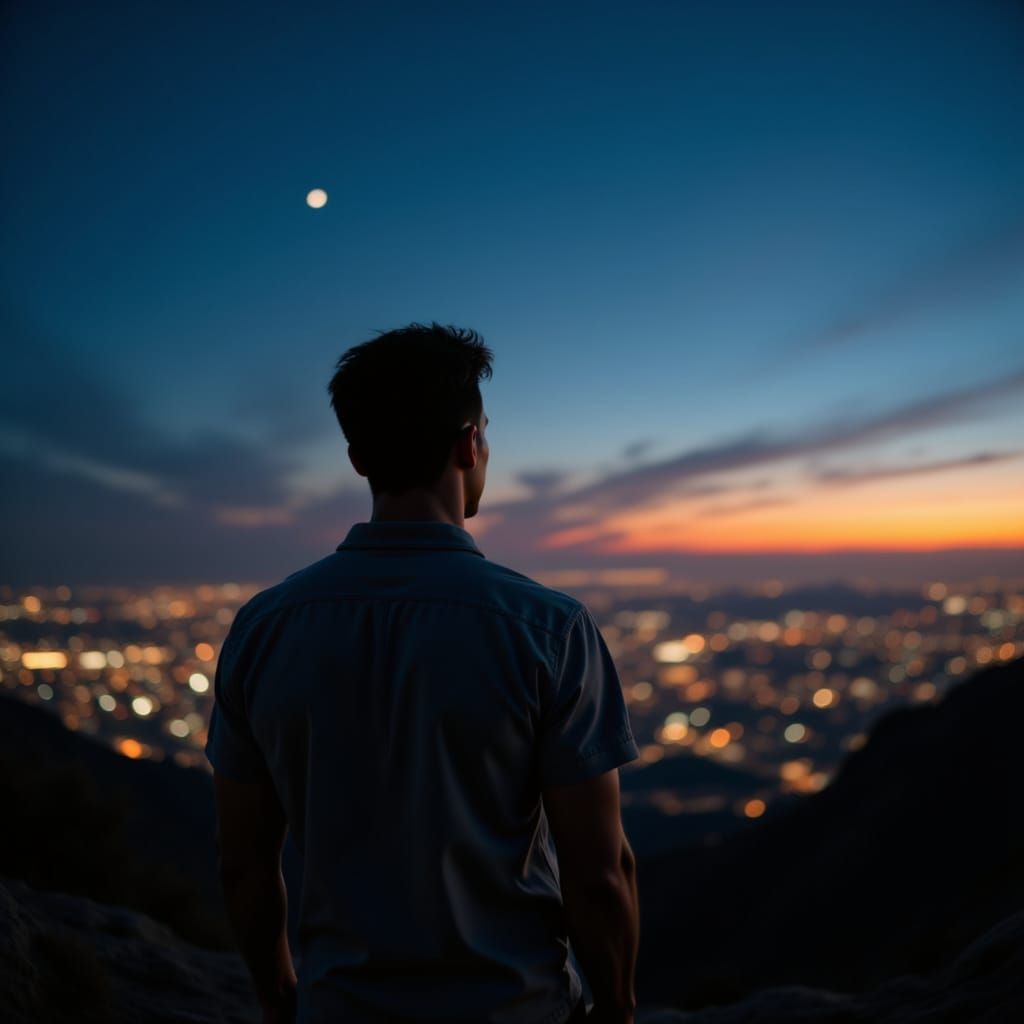 Man Gazing at Twilight Cityscape in Photorealistic Style
