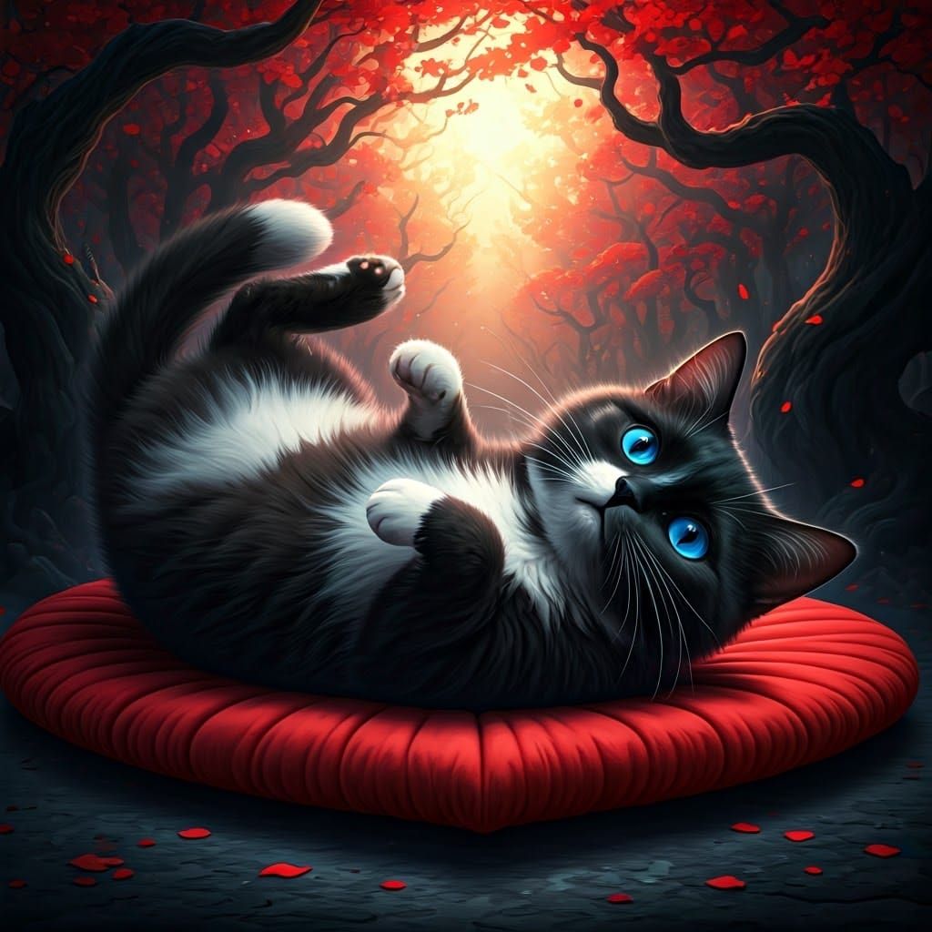 Adorable Black Cat with Indigo Eyes on Heart Cushion