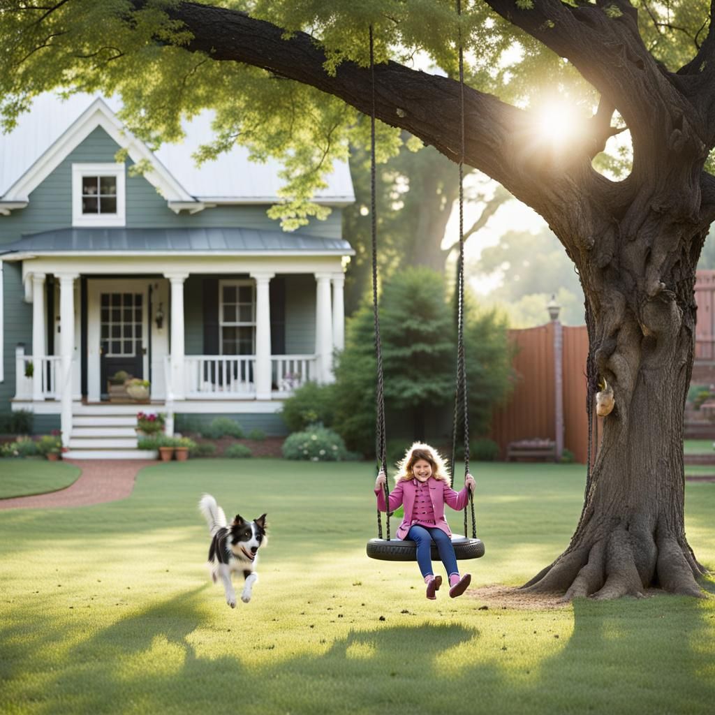 Girl on Tire Swing in Old-Fashioned Yard