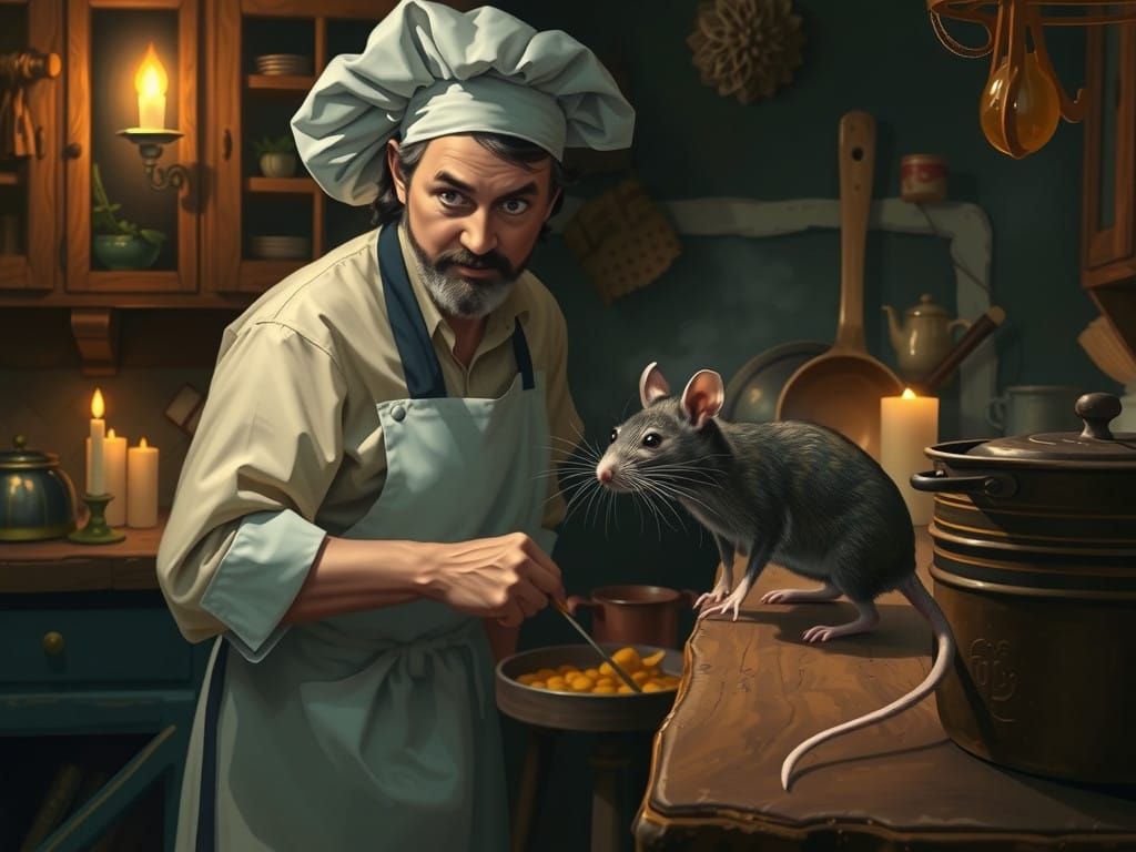 Hungarian Chef and Trusty Rat Cook Together in Cozy Kitchen