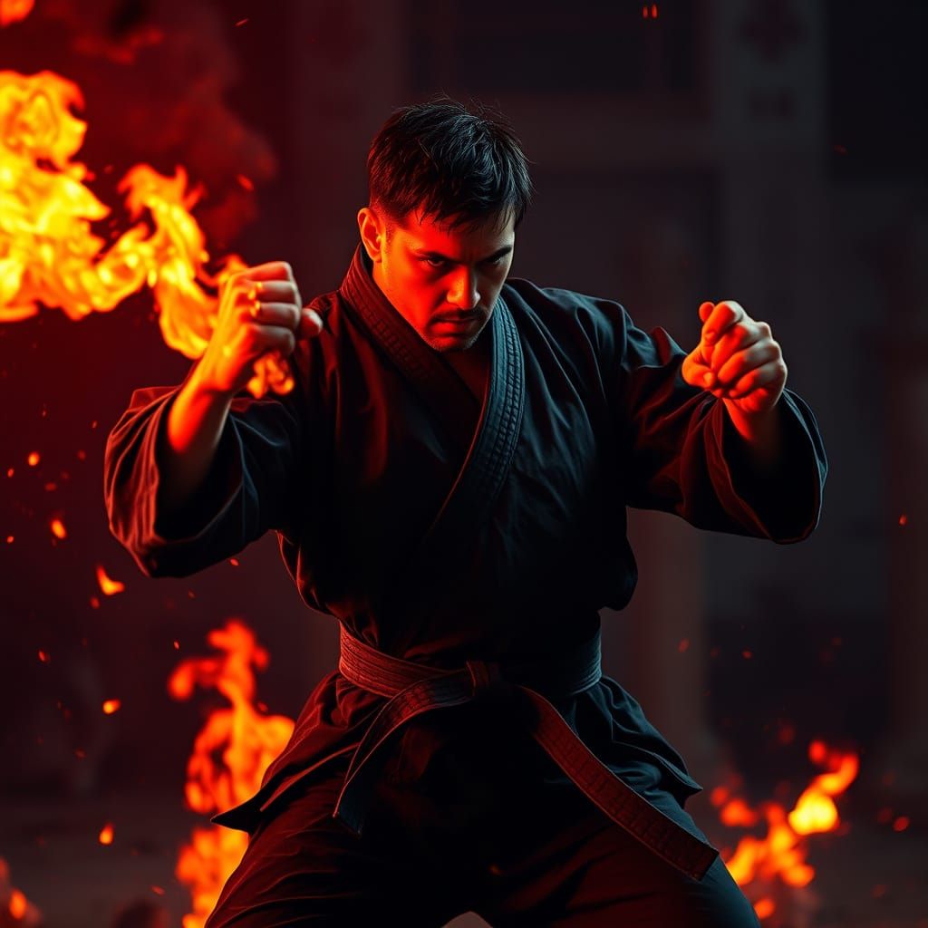 A powerful man vigorously karate fighting, red hot embers fl...