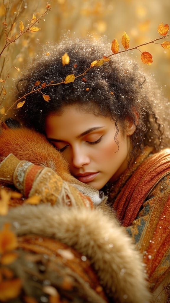 Sleeping Princess with Fox in Autumn Landscape