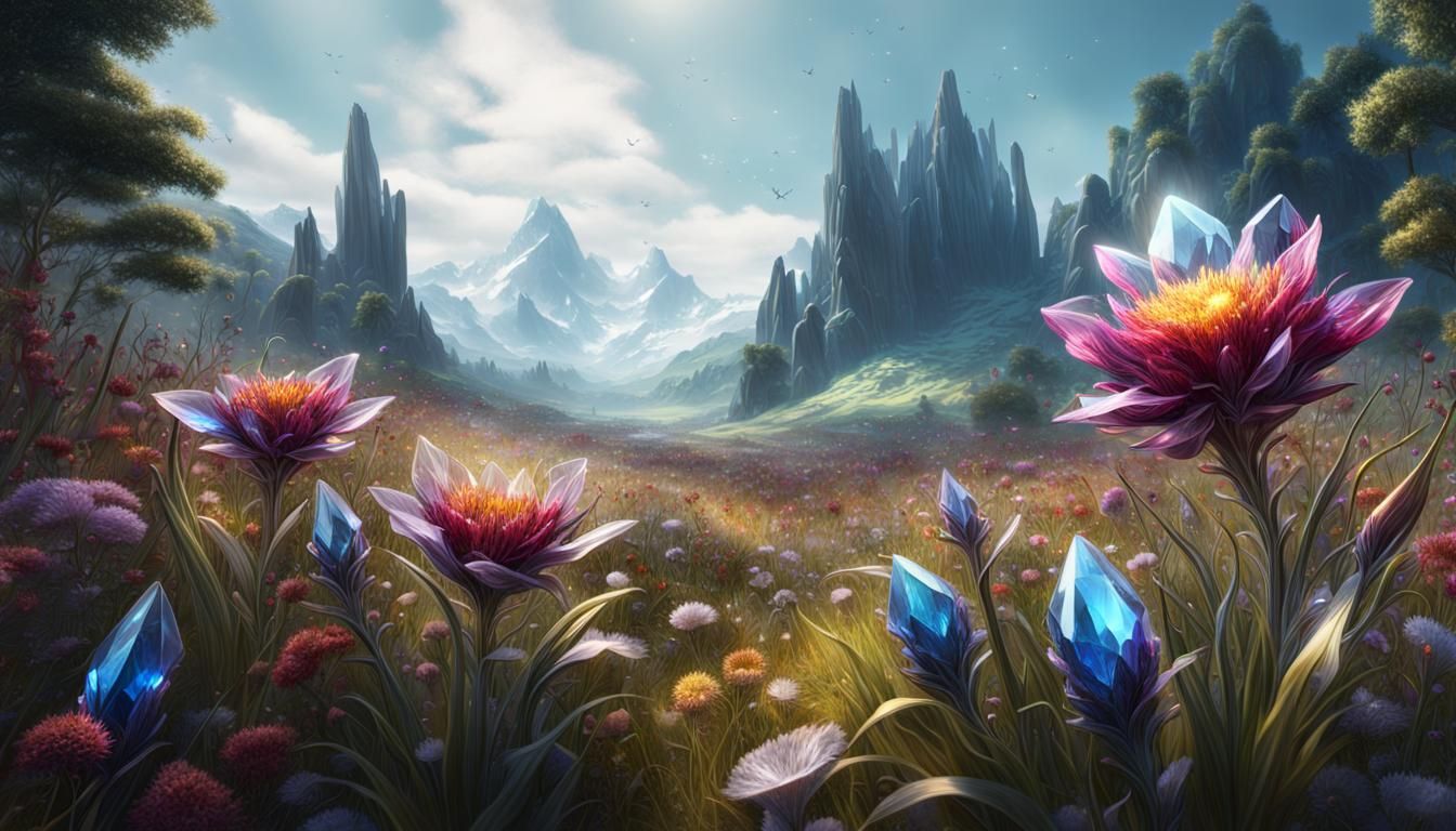 Hyperrealistic Crystal Flowers in a Meadow