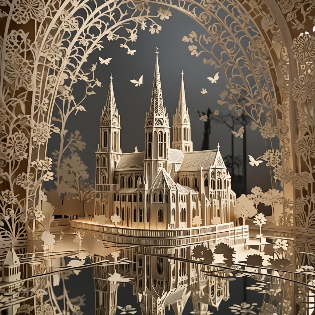Notre Dame Kirigami on Mirror Table