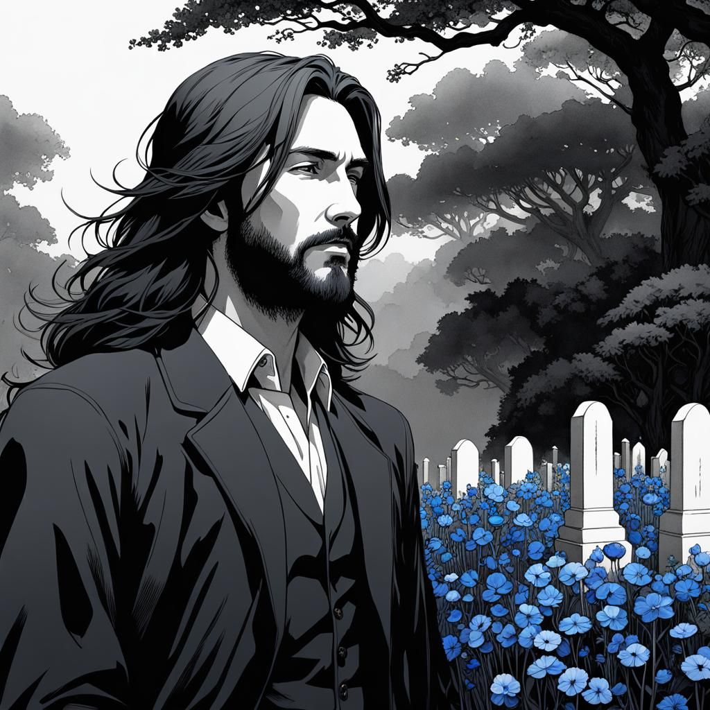 Man with Flowers in Graveyard, Watercolor Style