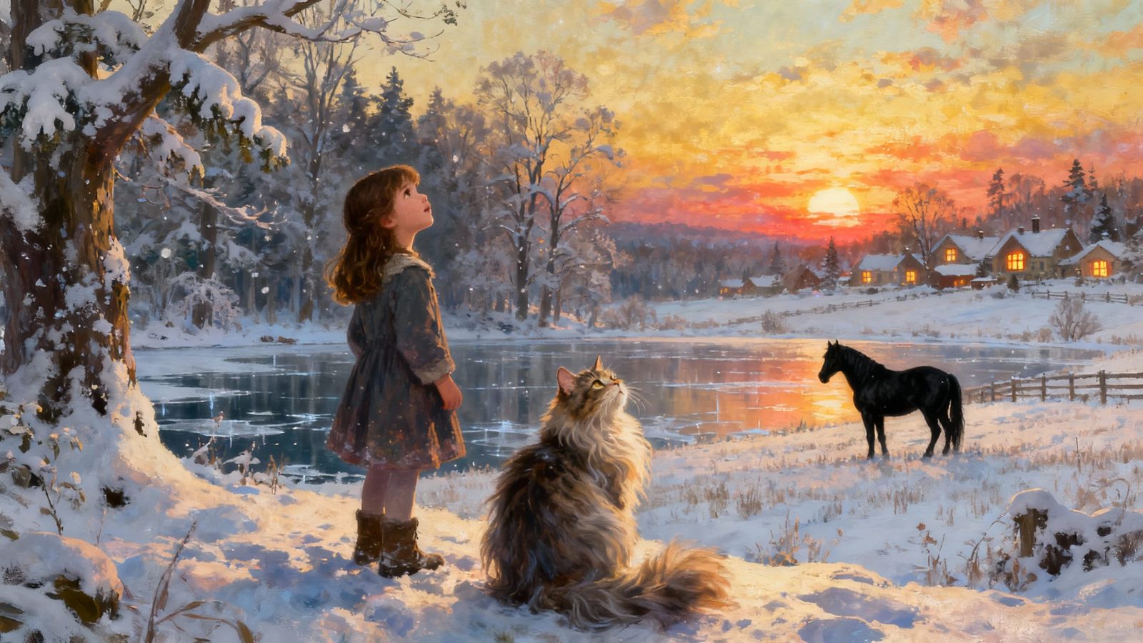 Winter Wonderland: Girl, Cat, and Horse at Sunset