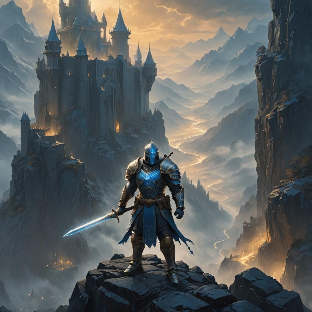 Armored Warrior in Misty Fortress: Dark Fantasy Art