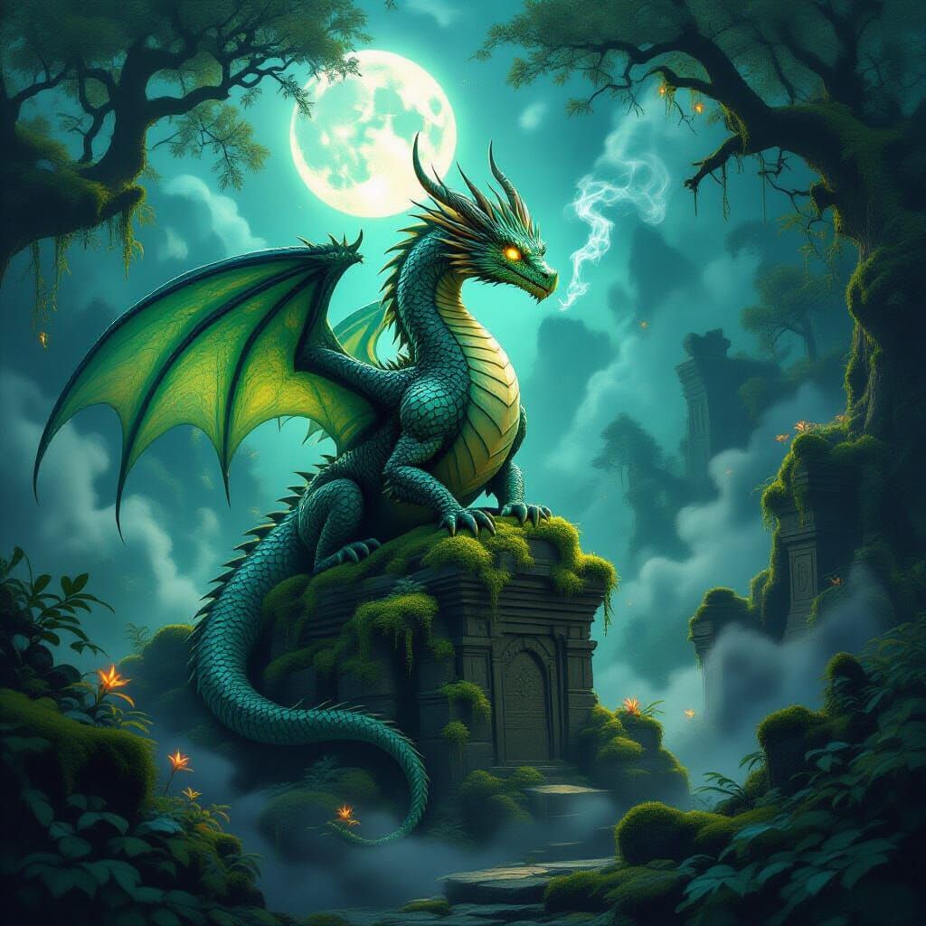 Majestic Emerald Dragon on Ancient Ruins