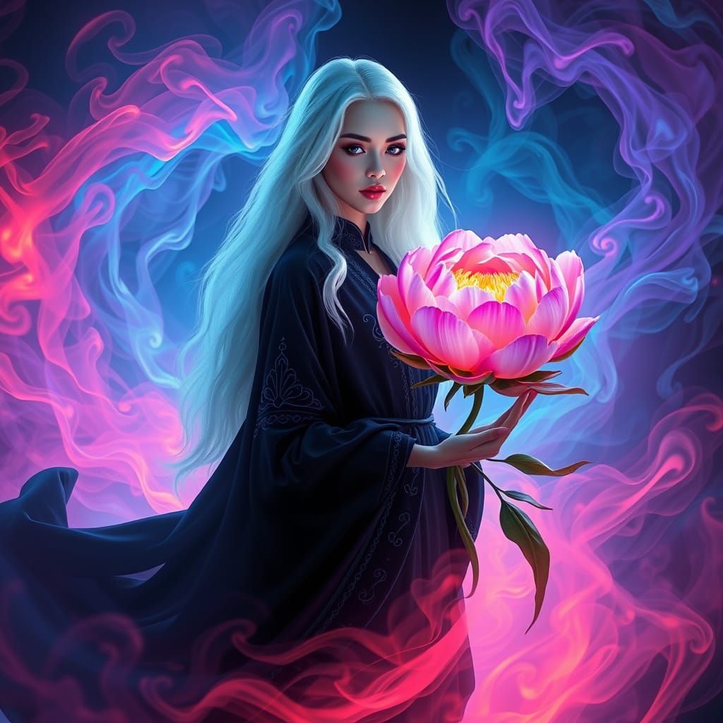 Ethereal Goddess Amidst Neon Smoke