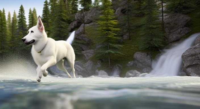 White Shepherd Leaping in Mountain Stream, Photorealistic Ar...