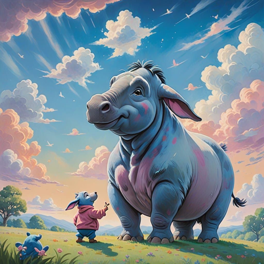 Eeyore and Piglet Painting Clouds in Vibrant Oil Style